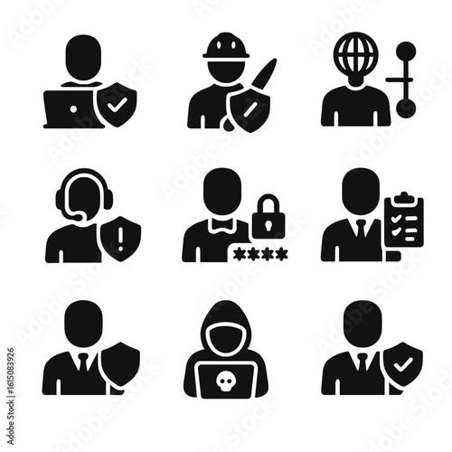 Cybersecurity Roles Icons. Solid, filled icon set of cybersecurity roles: security analyst, penetration tester, network engineer,