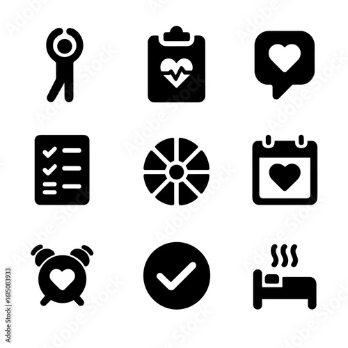 Daily Self-Care Icons. Solid, filled icon set of daily love and mental check-ins: morning stretch, wellness tracker, heart