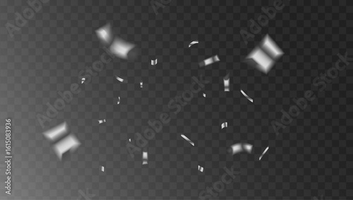 Shiny silver confetti streamer particles falling against a transparent background, perfect for celebratory designs.