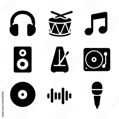 Dance Music Icons. Solid, filled icon set of dance music and rhythm: headphones, drum, music notes, speaker, metronome, DJ