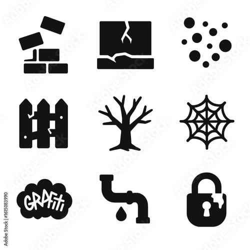 Decay Icons Grid. Solid, filled icon set of decay and neglect: fallen bricks, cracked foundation, mold spots, broken fence, dead