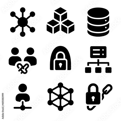 Decentralized Internet Icons. Solid, filled icon set of decentralized internet: node network, blockchain, data node, peer-to-peer