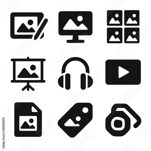 Digital Art Icons. Solid, filled icon set of digital art showcase: tablet screen, stylus pen, monitor display, gallery screen wall
