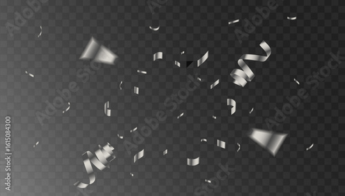 Silver celebration confetti streamer explosion falling on a transparent background for a festive party event.