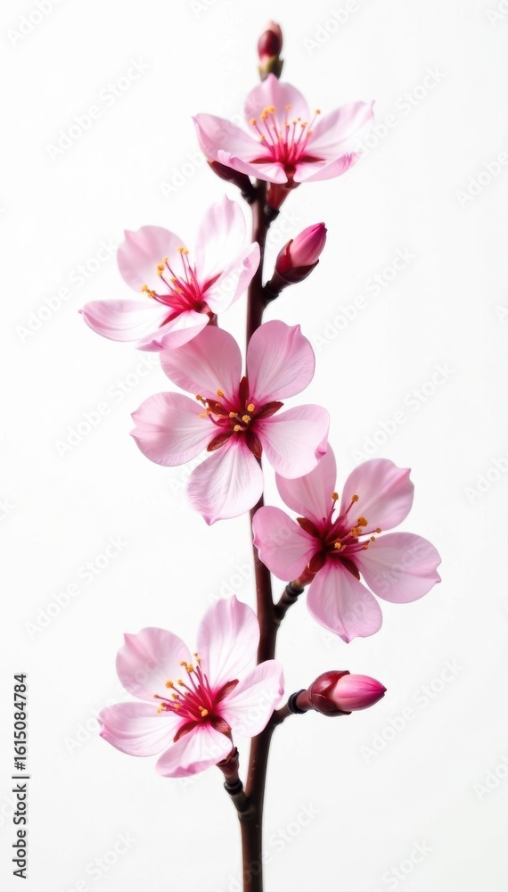 Fototapeta premium Delicate pink almond blossoms isolated on white Minimal spring floral design , macro photography, blossom