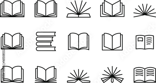 Collection of simple line art book icons books open book