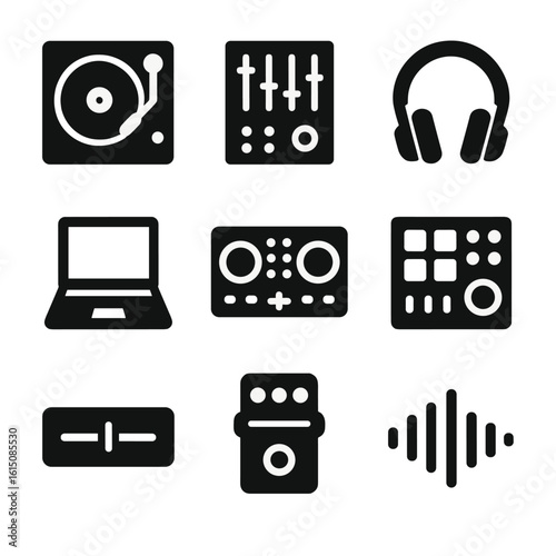DJ Equipment Icons. Solid, filled icon set of DJ equipment: turntable, DJ mixer, headphones, laptop, controller, sampler,