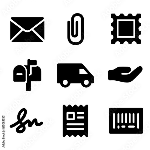 Document Delivery Icons. Solid, filled icon set of document delivery: sealed envelope, paper clip, postal stamp, mailbox, courier