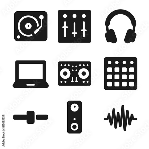 DJ Equipment Icons. Solid, filled icon set of DJ equipment: turntable, DJ mixer, headphones, laptop, controller, sampler,
