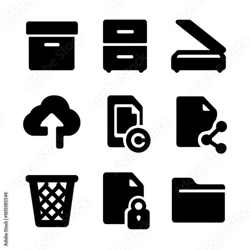 Document Management Icons. Solid, filled icon set of document management: archive box, filing cabinet, document scanner, cloud