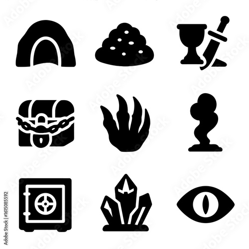 Dragon Lair Icons. Solid, filled icon set of fantasy dragon lair: cave mouth, hoarded gold, ancient artifacts, chained treasure,