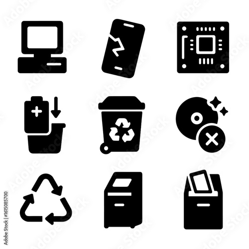 E-Waste Icons Set. Solid, filled icon set of e-waste disposal: old computer, broken smartphone, circuit board, battery disposal, e