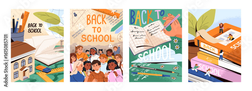 Set of posters with back to school concept. Templates with piles of books and cute tiny students. Designs with kids and textbooks. Elementary education, Knowledge Day. Flat vector illustrations