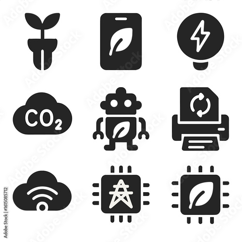 Eco Tech Icons. Solid, filled icon set of eco-friendly technology: smart plant sensor, green app, energy tracker, AI for