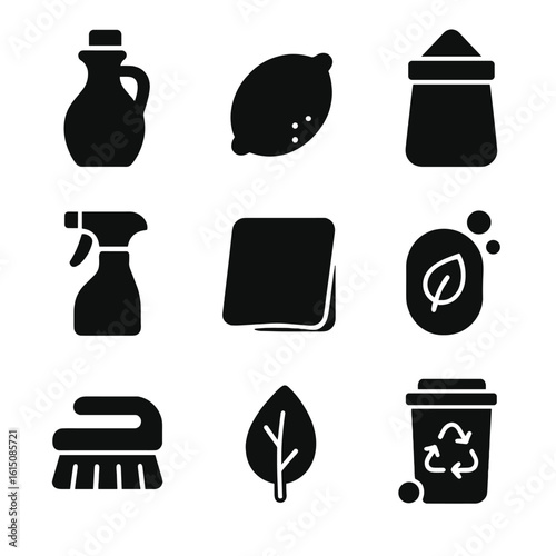 Eco Cleaner Icons. Solid, filled icon set of Environmental-friendly cleaners: vinegar bottle, lemon, baking soda, water spray,