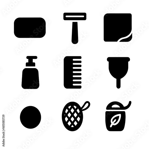 Eco-Friendly Bathroom Icons. Solid, filled icon set of low-waste bathroom: shampoo bar, safety razor, cloth wipe, refill bottle,