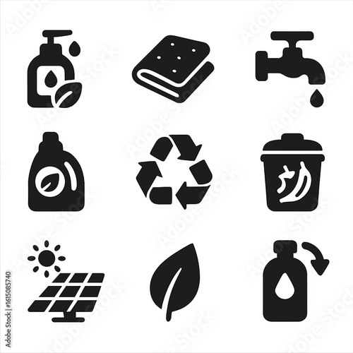 Eco-Friendly Icons Grid. Solid, filled icon set of eco-friendly cleaning: biodegradable soap, reusable cloth, water saving,