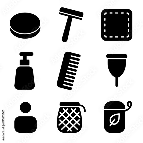Eco-Friendly Bathroom Icons. Solid, filled icon set of low-waste bathroom: shampoo bar, safety razor, cloth wipe, refill bottle,