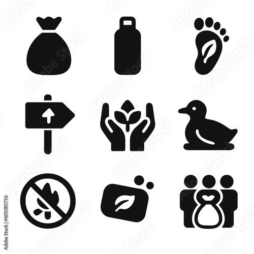 Eco-Friendly Hiking Icons. Solid, filled icon set of eco-conscious hiking habits: trash bag, reusable bottle, eco footprint, stay