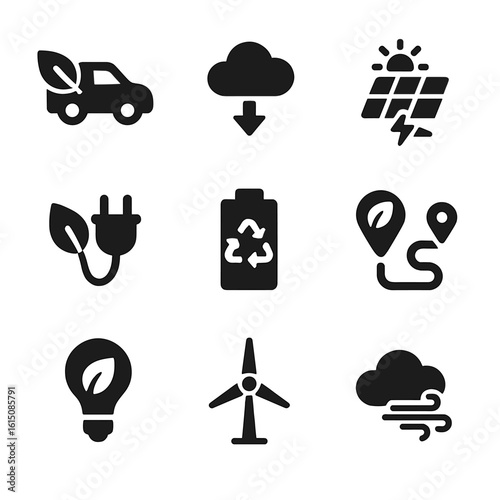 Eco-Friendly Icon Set. Solid, filled icon set of environmental impact and efficiency: leaf with car, reduced emissions, solar