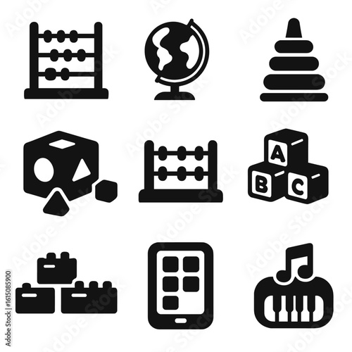 Educational Toy Icons. Solid, filled icon set of educational toys: abacus, globe, stacking rings, shape sorter, alphabet blocks,