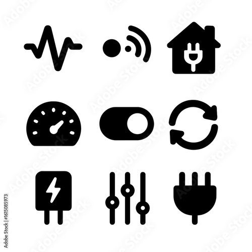 Electricity Monitoring Icons. Solid, filled icon set of real-time electricity monitoring: current usage wave, blinking dot, live