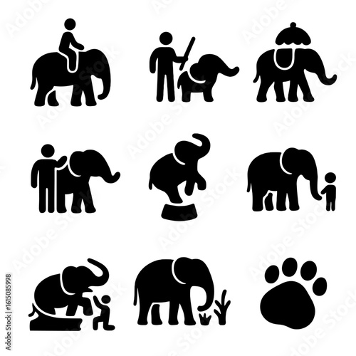 Elephant Icon Set. Solid, filled icon set of elephants and humans: elephant rider, mahout with stick, elephant parade, elephant