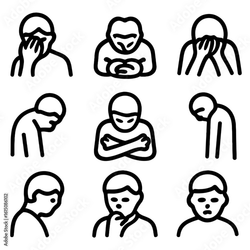 Emotional Gesture Icons. Solid, filled icon set of gestures paired with downcast eyes: hand covering face, hands clasped, head in