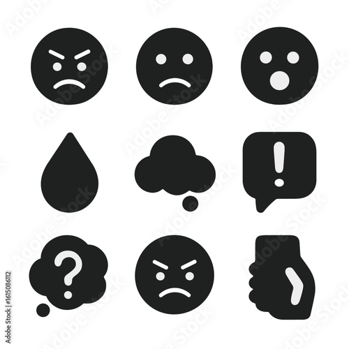 Emotional Icons Grid. Solid, filled icon set of user reactions: frustrated face, sad emoji, shock expression, angry icon, tear