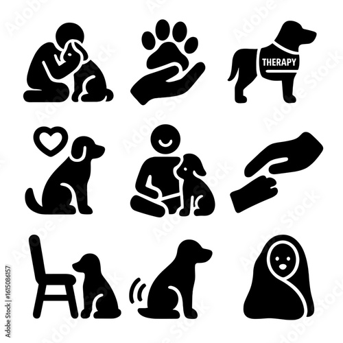 Emotional Support Icon Grid. Solid, filled icon set of emotional support pets: person crying with pet, comforting paw, therapy dog