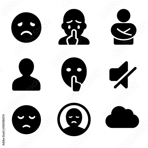 Emotional Silence Icons. Solid, filled icon set of emotional silence: sad face, hidden tears, crossed arms, shadowed figure,