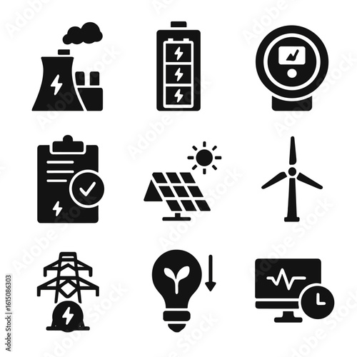 Energy Icon Grid. Solid, filled icon set of energy management: power plant, battery storage, smart meter, energy audit, solar farm
