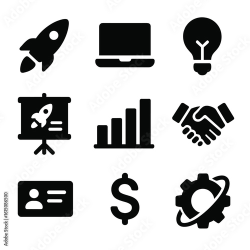 Entrepreneurial Icons Grid. Solid, filled icon set of entrepreneurial dreams: startup rocket, laptop, lightbulb, pitch deck, bar