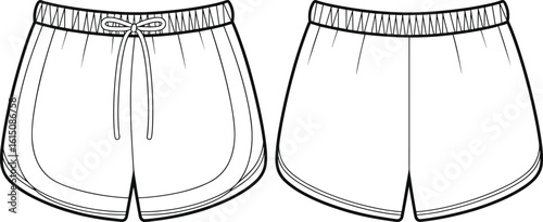 Women’s curved hem shorts, flat sketch front and back, drawstring waistband, CAD vector template, activewear fashion, technical design illustration