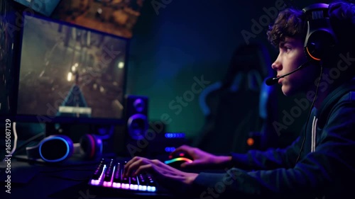 Young gamer playing a videogame on his computer