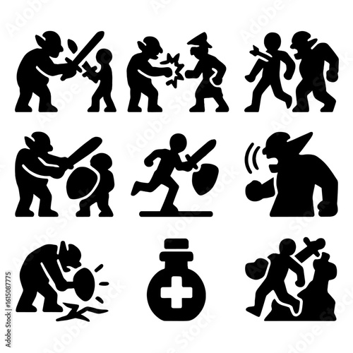 Epic Battle Icons. Solid, filled icon set of troll vs hero battles: sword clash, magic blast, arrow shot, shield block, charging
