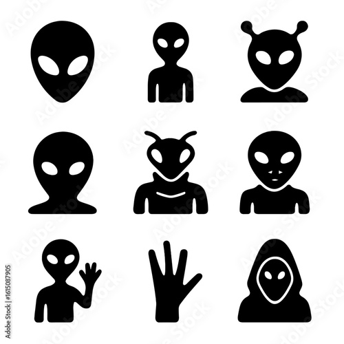 Extraterrestrial Icons Grid. Solid, filled icon set of extraterrestrial beings: alien head, grey alien, humanoid with antennas,
