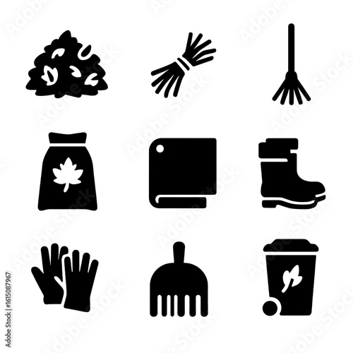 Fall Cleanup Icons. Solid, filled icon set of fall cleanup items: pile of leaves, bundled twigs, rake, compost bag, tarp, garden