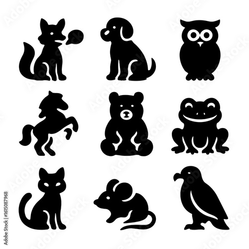 Fairy Tale Animals Icons. Solid, filled icon set of fairy-tale animals: talking fox, loyal dog, wise owl, magical horse, friendly