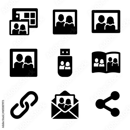 Family Photo Icons. Solid, filled icon set of family photo delivery formats: digital gallery icon, photo print, framed photo,