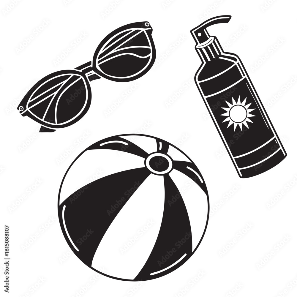 Fototapeta premium Summer beach essentials including sunglasses a beach ball and sunscreen