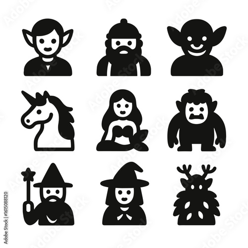 Fantasy Icon Collection. Solid, filled icon set of fantasy storybook figures: elf, dwarf, goblin, unicorn, mermaid, troll,