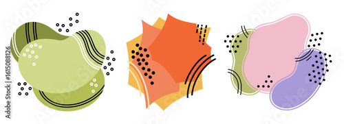 Vector set of minimal backgrounds with multi colored organic abstract shapes, dots and lines isolated on white