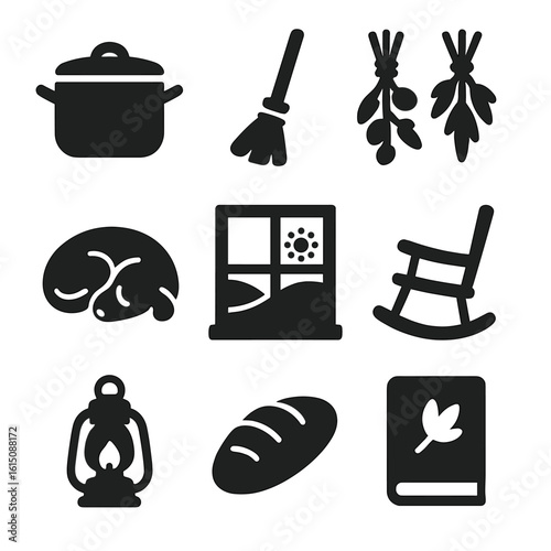 Farmhouse Icon Grid. Solid, filled icon set of daily farmhouse life: cooking pot, broom, hanging herbs, window view, dog sleeping,