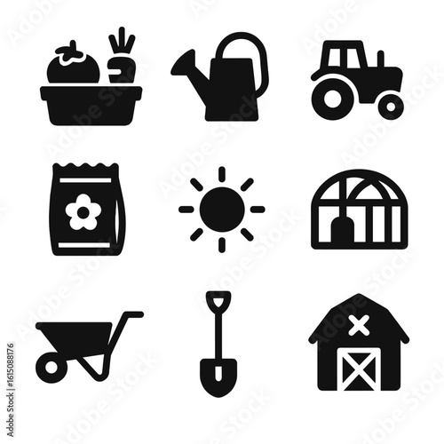 Farm Icon Grid. Solid, filled icon set of farm-to-table produce: basket of vegetables, watering can, farm tractor, seed packet,