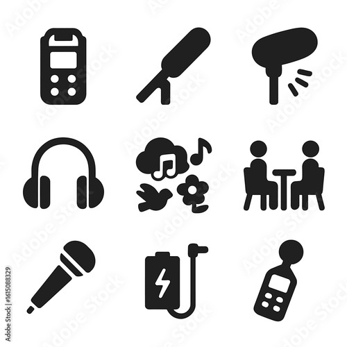 Field Recording Icons. Solid, filled icon set of field recording: portable recorder, boom mic, windscreen, headphones, nature