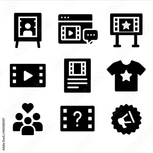 Film Marketing Icons. Solid, filled icon set of film marketing: poster board, social media ad, billboard, trailer play button,