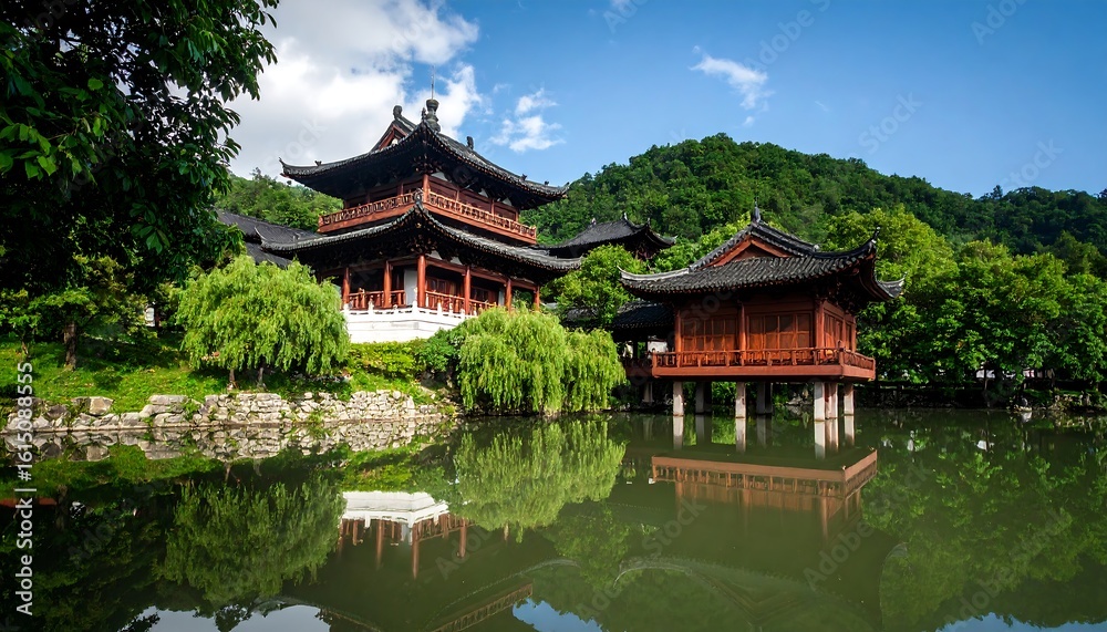 Tranquil Asian temple complex reflected in a serene lake Tranquil Asian temple complex reflected in a serene lake