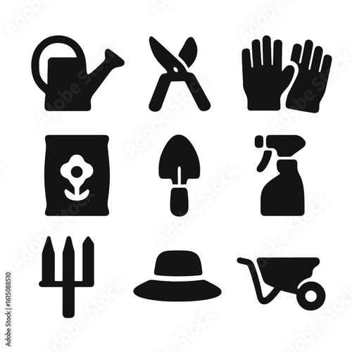 Flower Care Icons. Solid, filled icon set of flower care tools: watering can, pruning shears, garden gloves, fertilizer bag,