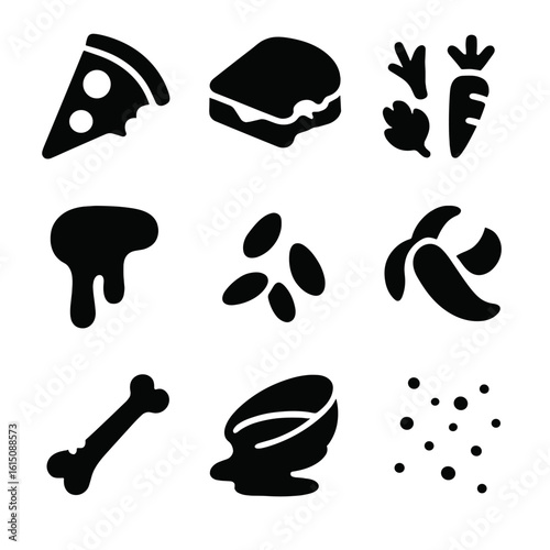 Food Leftovers Icons. Solid, filled icon set of food leftovers: pizza slice, half-eaten sandwich, vegetable scraps, sauce drip,